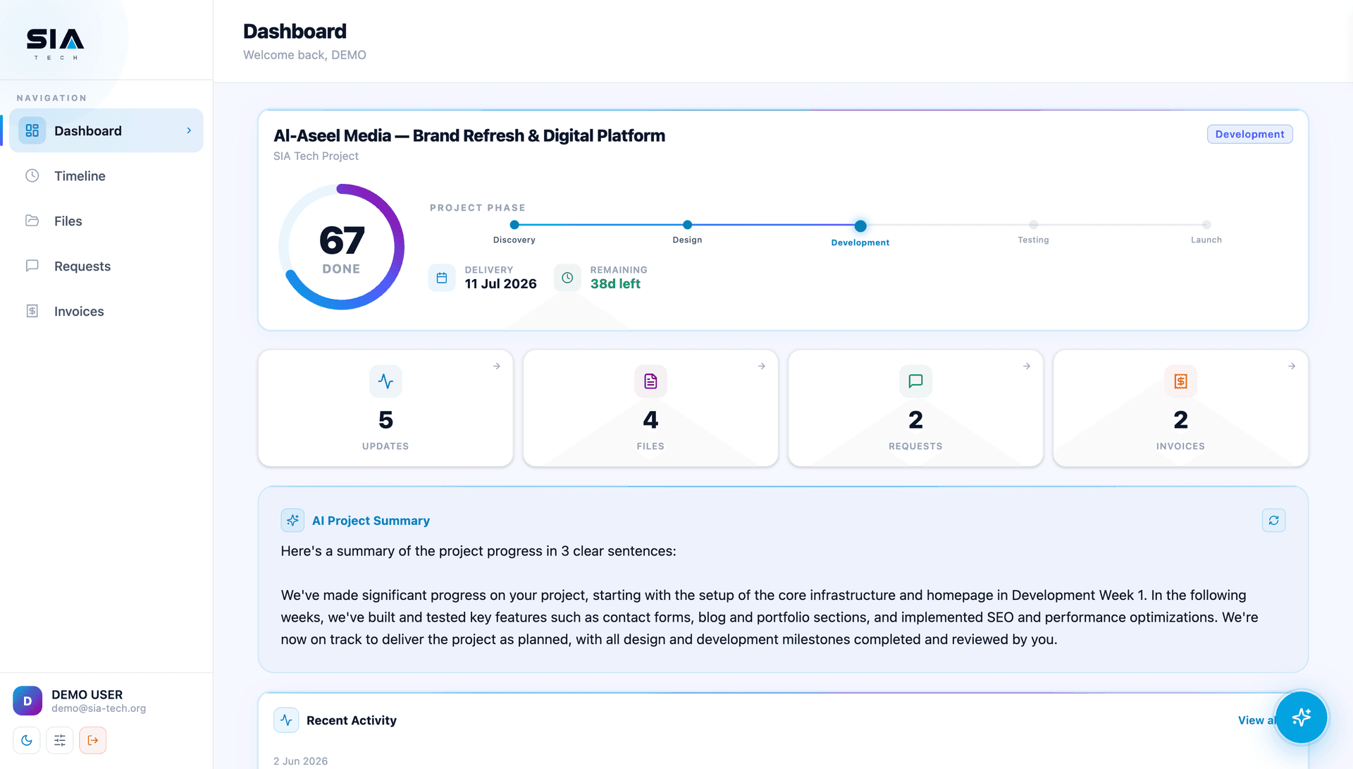 SIA Client Portal — live project dashboard